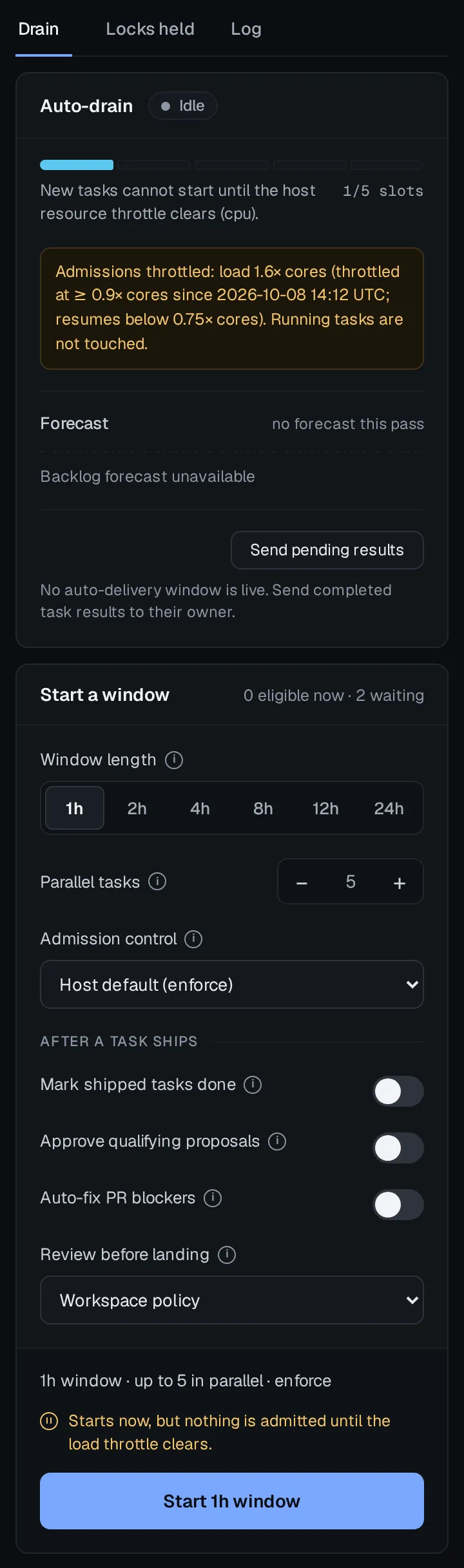 The Tasks dock: Drain, Locks held and Log tabs above Auto-drain status, a host-throttle note, admission forecast and the Start a window controls.