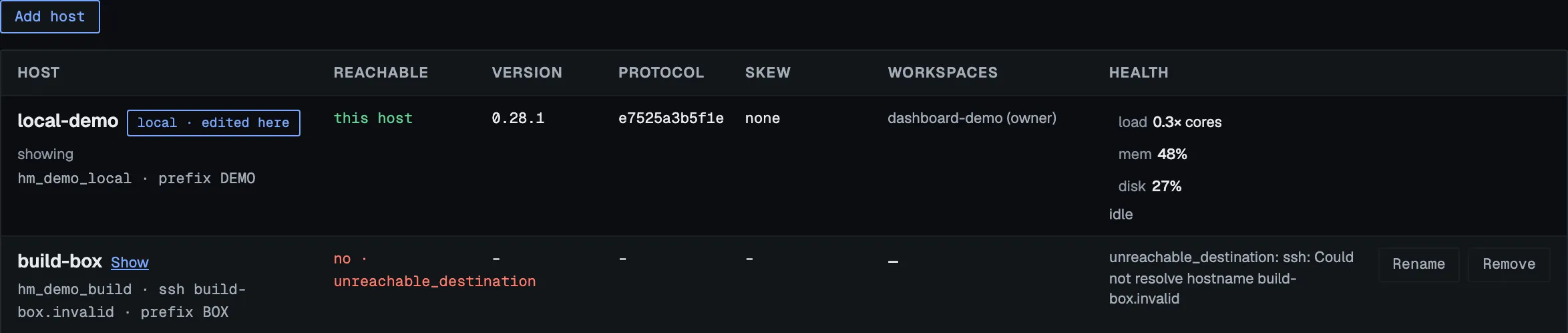 Settings › Hosts: Add host, the local host labelled local · edited here with its load, memory, disk, and drain health, and an unreachable remote with its error code, Rename and Remove controls.