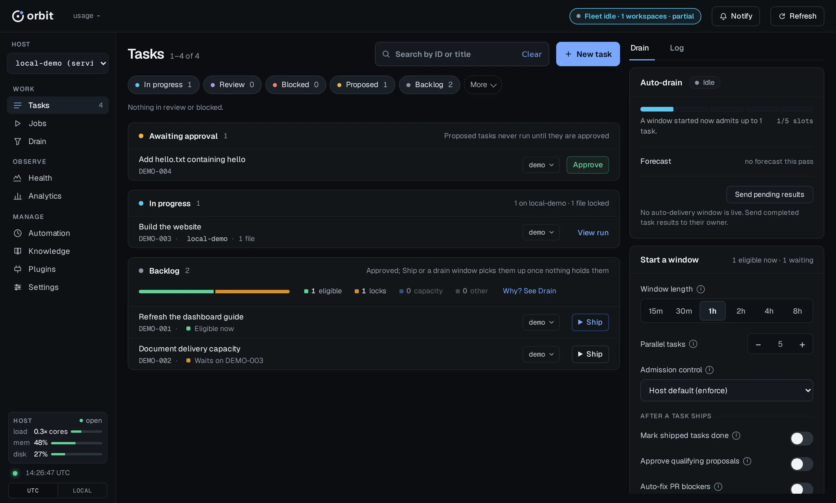 The dashboard’s Tasks view: the top bar with the host’s load, memory, and disk and the refresh clock, tasks in status cards with Approve, View run, and Ship, and the Drain dock on the right.